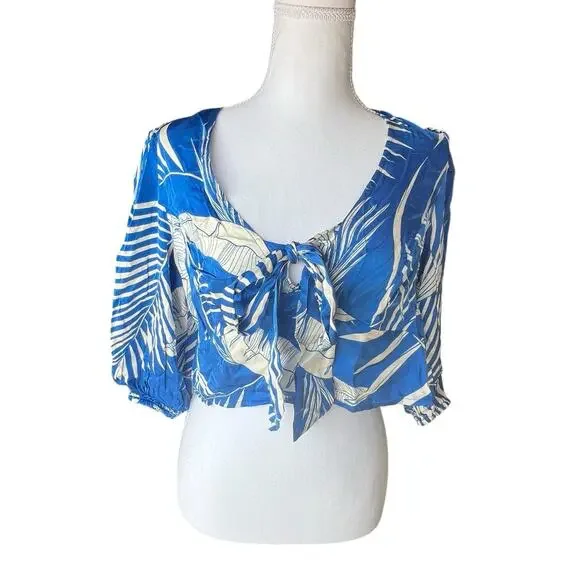 Guess Tamara Top Baja Palm Print Blue Half Sleeve Size Medium NEW With Tags - Picture 3 of 13